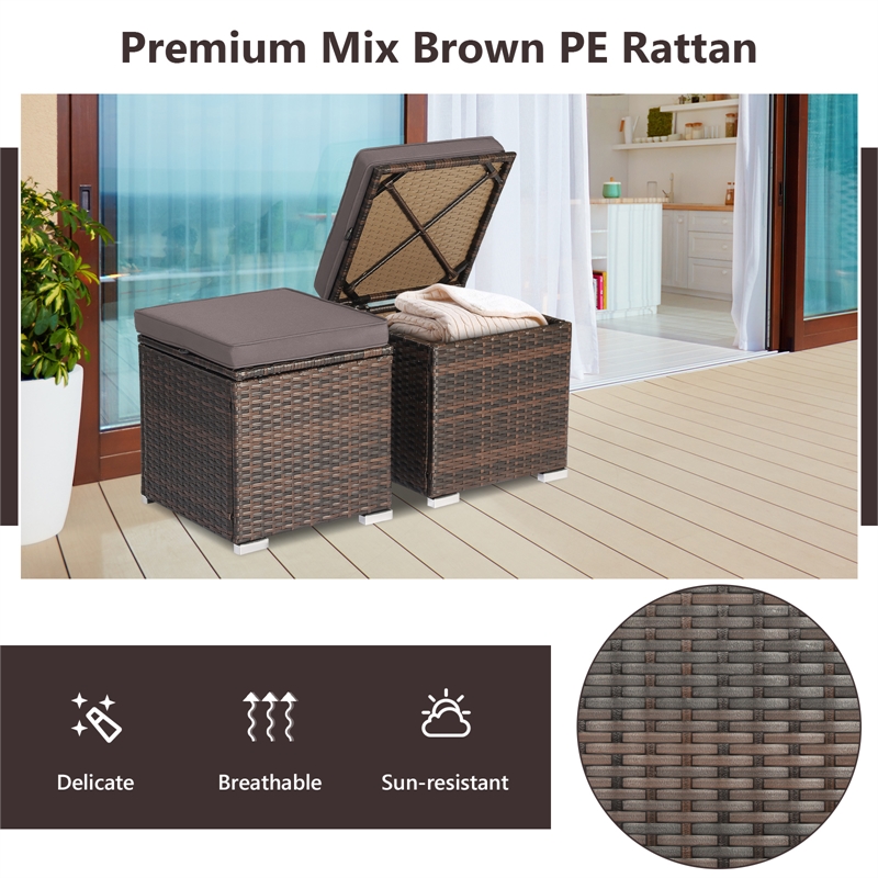 2PCS Patio Rattan Ottoman Seat Storage Box Gray