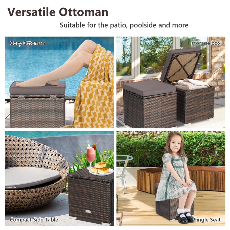 2PCS Patio Rattan Ottoman Seat Storage Box Gray