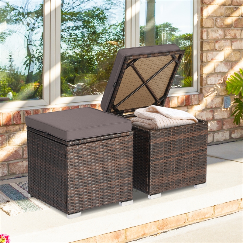 2PCS Patio Rattan Ottoman Seat Storage Box Gray