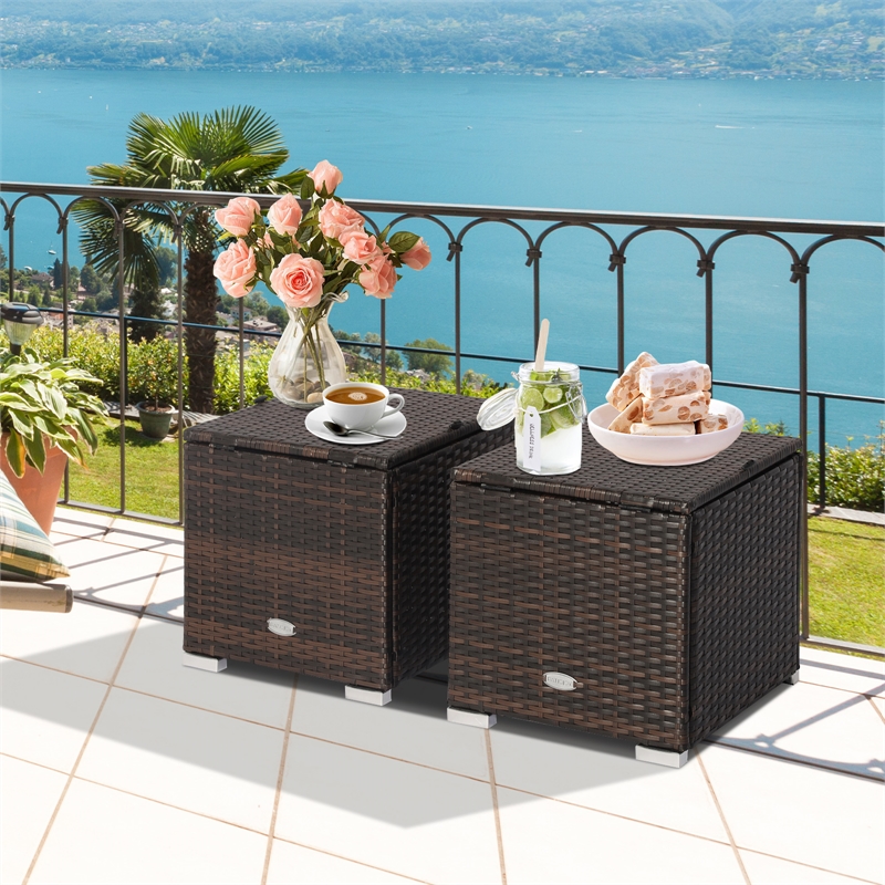 2PCS Patio Rattan Ottoman Seat Storage Box Gray