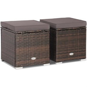 2PCS Patio Rattan Ottoman Seat Storage Box Gray