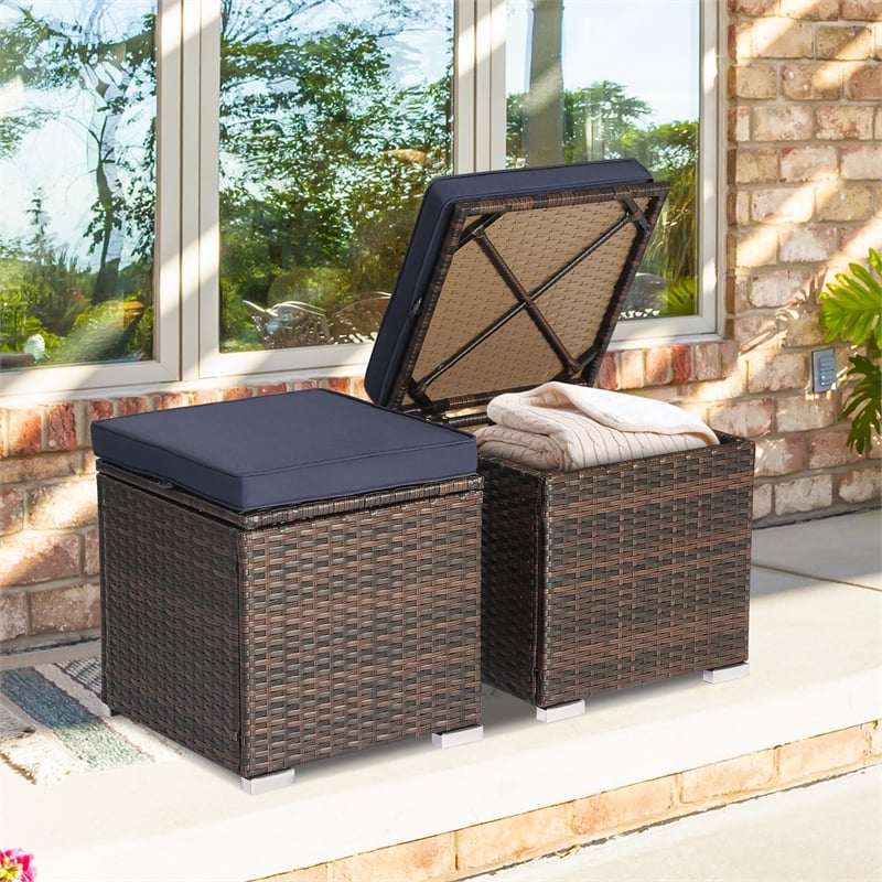 2PCS Patio Rattan Ottoman Seat Storage Box Navy
