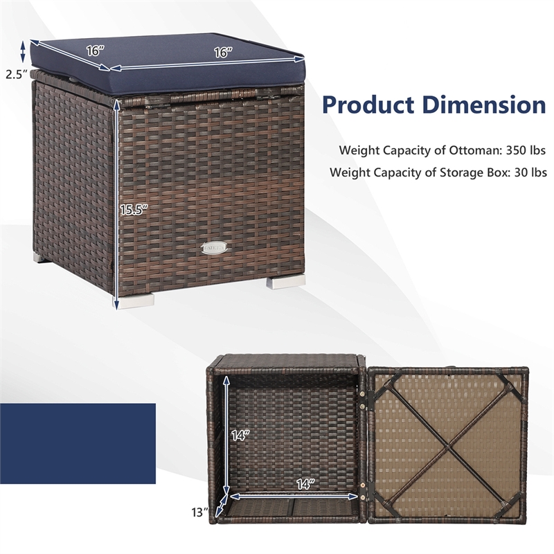 2PCS Patio Rattan Ottoman Seat Storage Box Navy