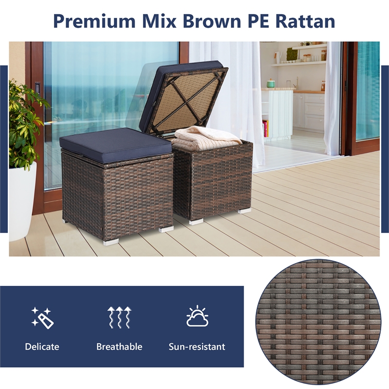 2PCS Patio Rattan Ottoman Seat Storage Box Navy