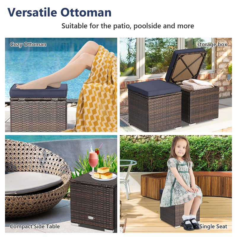2PCS Patio Rattan Ottoman Seat Storage Box Navy
