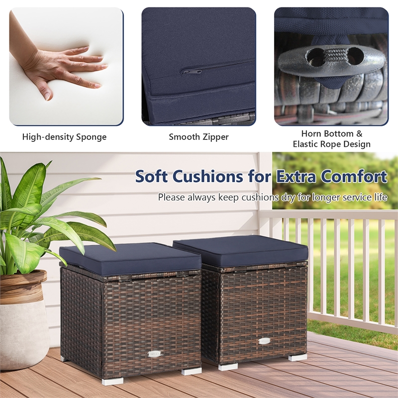 2PCS Patio Rattan Ottoman Seat Storage Box Navy