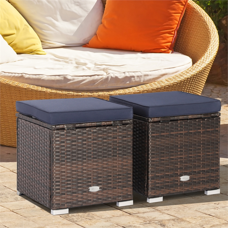 2PCS Patio Rattan Ottoman Seat Storage Box Navy