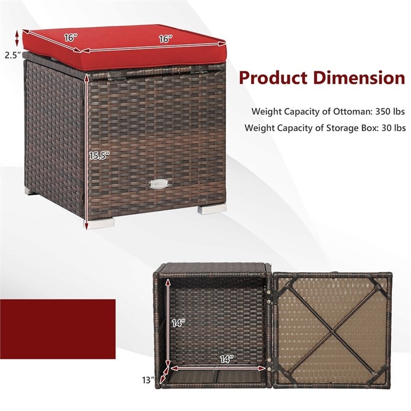 2PCS Patio Rattan Ottoman Seat Storage Box Red