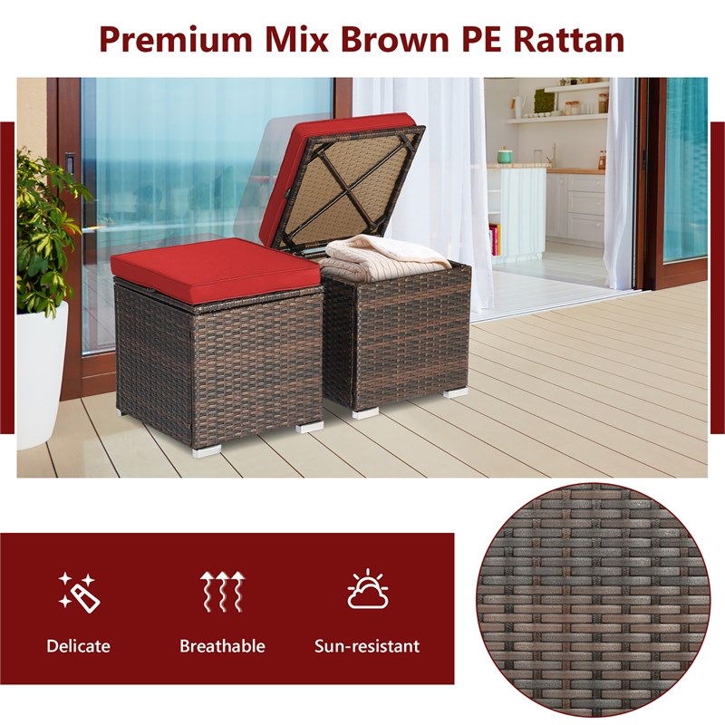 2PCS Patio Rattan Ottoman Seat Storage Box Red