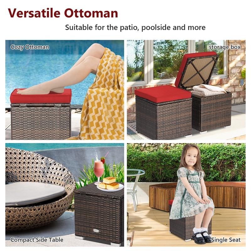 2PCS Patio Rattan Ottoman Seat Storage Box Red