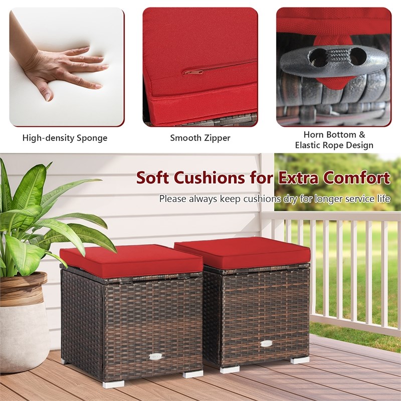 2PCS Patio Rattan Ottoman Seat Storage Box Red