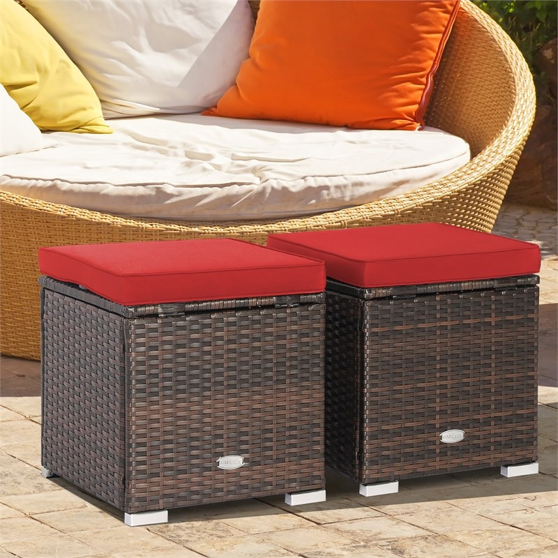 2PCS Patio Rattan Ottoman Seat Storage Box Red