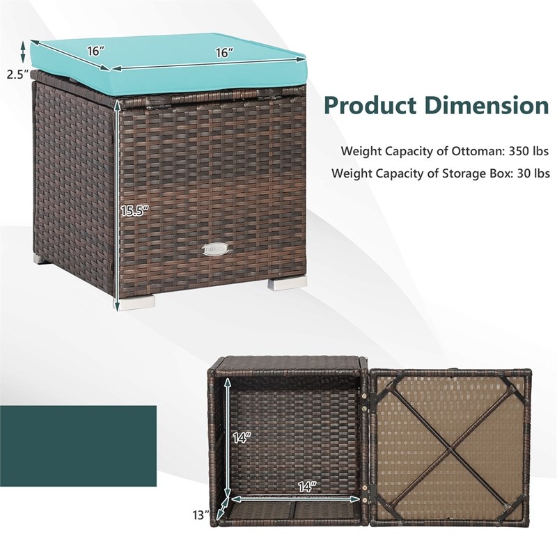 2PCS Patio Rattan Ottoman Seat Storage Box Turquoise