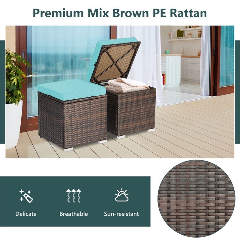 2PCS Patio Rattan Ottoman Seat Storage Box Turquoise