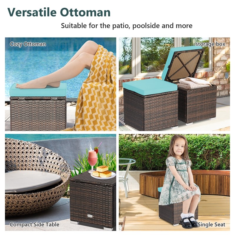 2PCS Patio Rattan Ottoman Seat Storage Box Turquoise