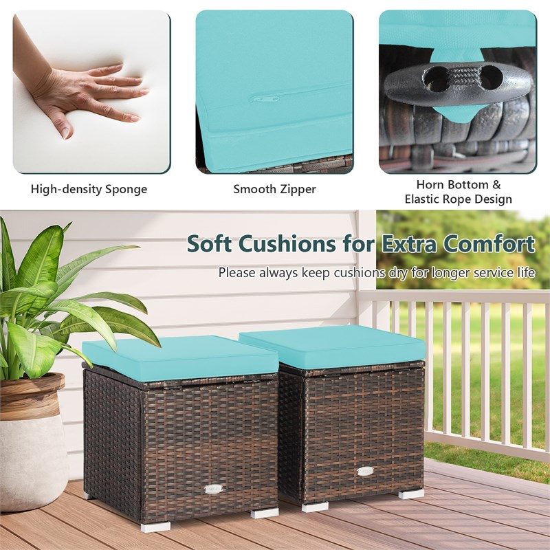 2PCS Patio Rattan Ottoman Seat Storage Box Turquoise