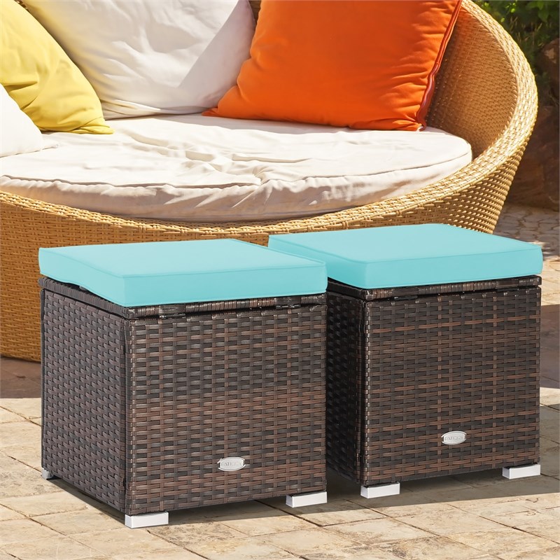 2PCS Patio Rattan Ottoman Seat Storage Box Turquoise