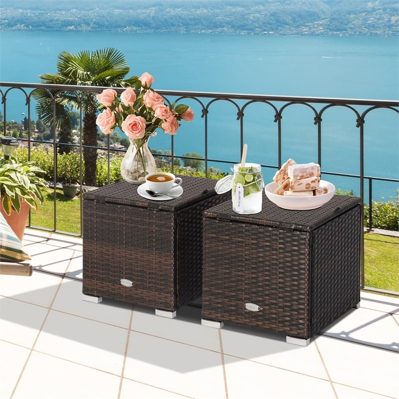 2PCS Patio Rattan Ottoman Seat Storage Box Turquoise