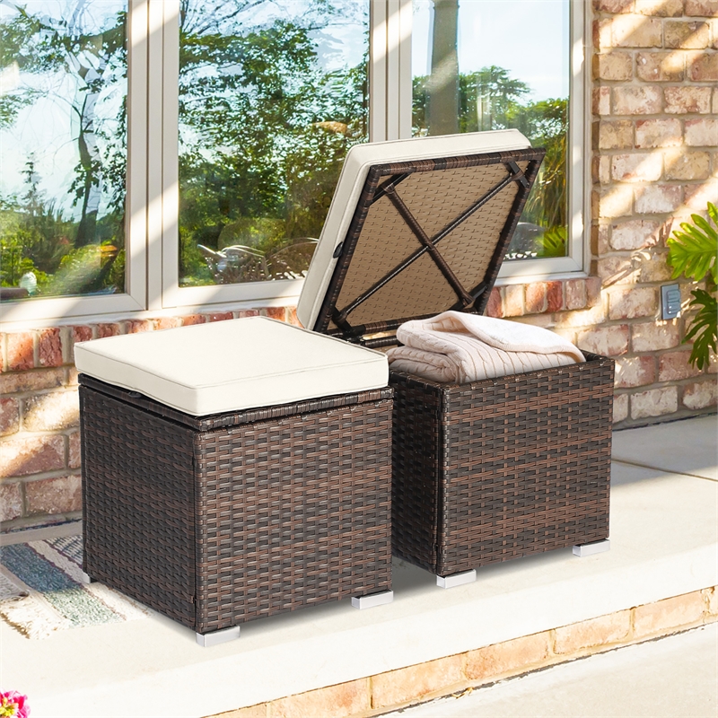 2PCS Patio Rattan Ottoman Seat Storage Box off White