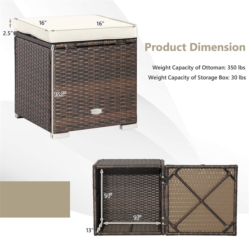 2PCS Patio Rattan Ottoman Seat Storage Box off White