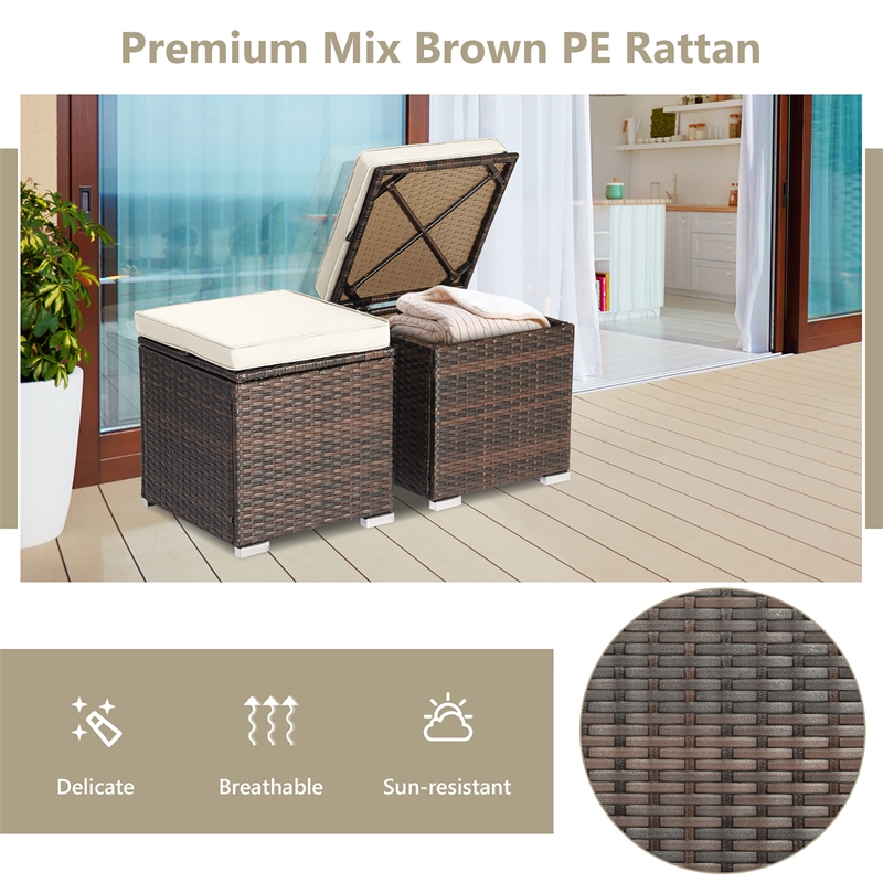 2PCS Patio Rattan Ottoman Seat Storage Box off White