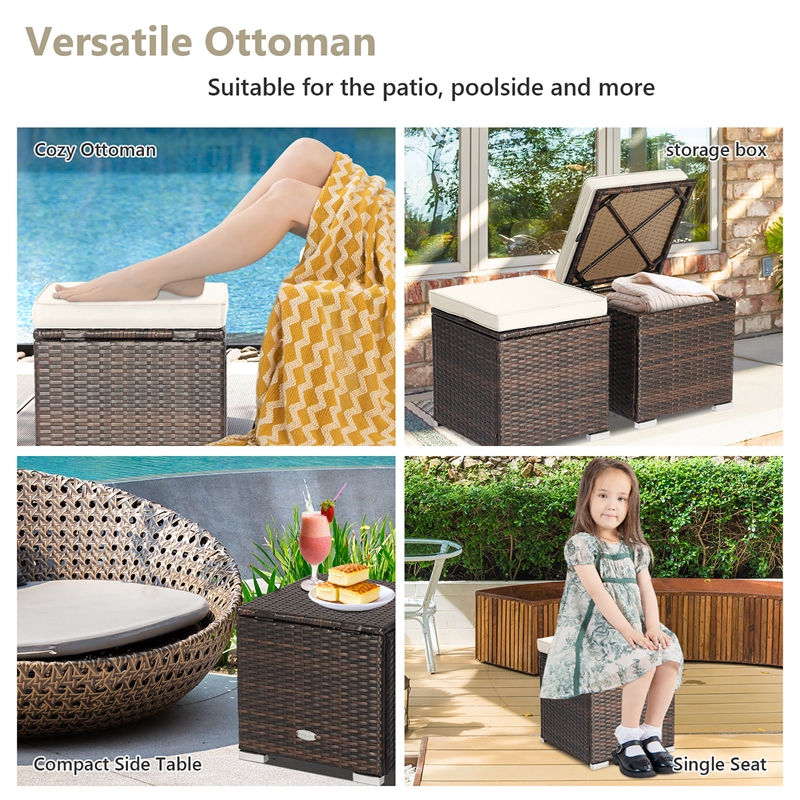 2PCS Patio Rattan Ottoman Seat Storage Box off White