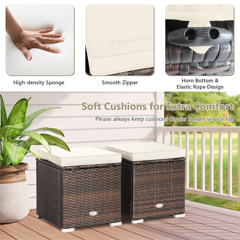 2PCS Patio Rattan Ottoman Seat Storage Box off White