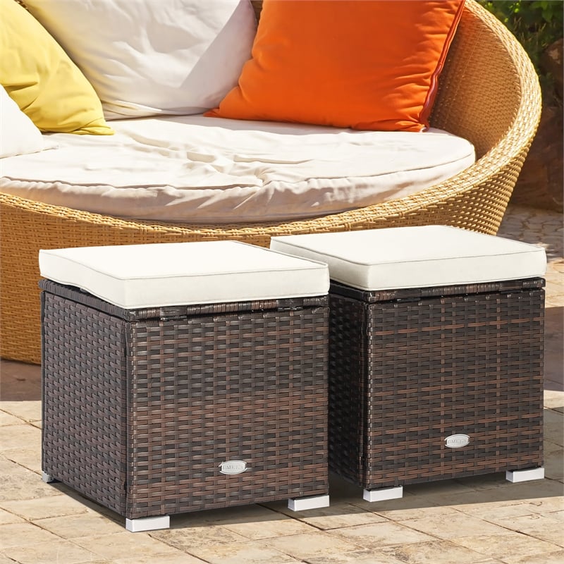 2PCS Patio Rattan Ottoman Seat Storage Box off White