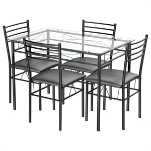 5 Piece Dining Set Glass Top Table and 4 Upholstered Chairs  Black