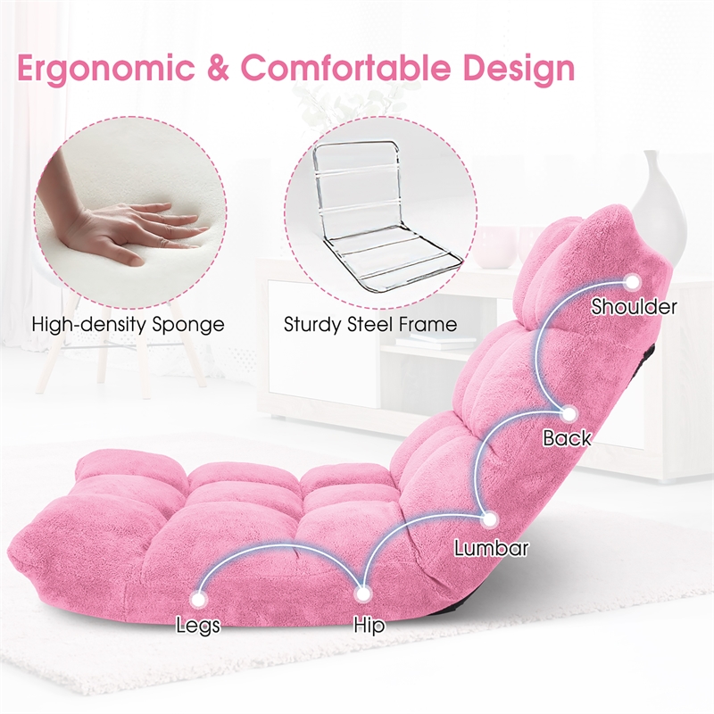 Adjustable 14 Position Floor Chair Folding Lazy Gaming Sofa Chair Cushioned Pink