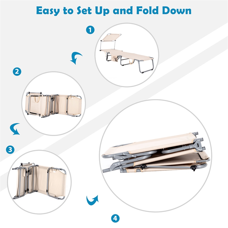 Foldable Sun Shading Lounge Chair Adjustable Beach Recliner Beige