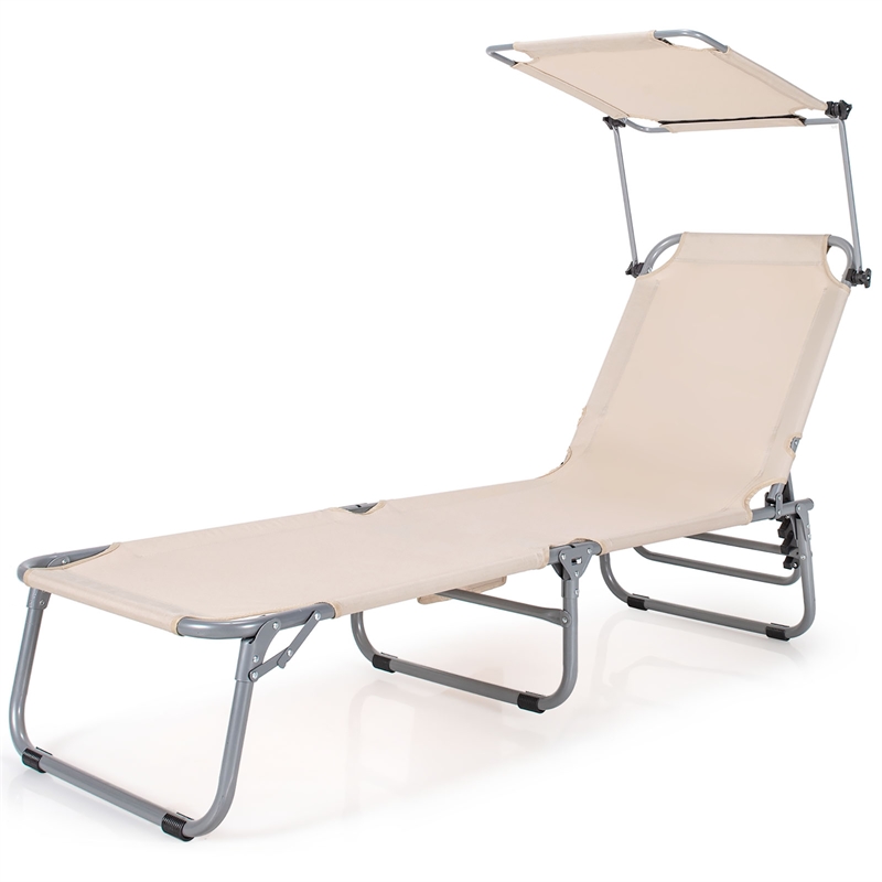 Foldable Sun Shading Lounge Chair Adjustable Beach Recliner Beige