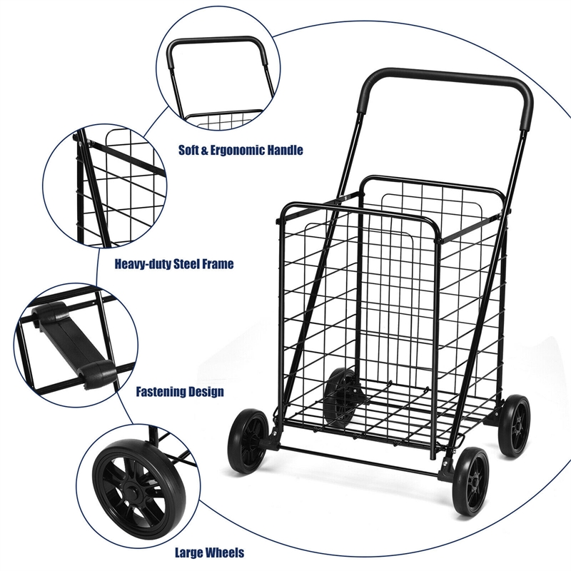 Folding Shopping Cart Utility Trolley Portable For Grocery Black
