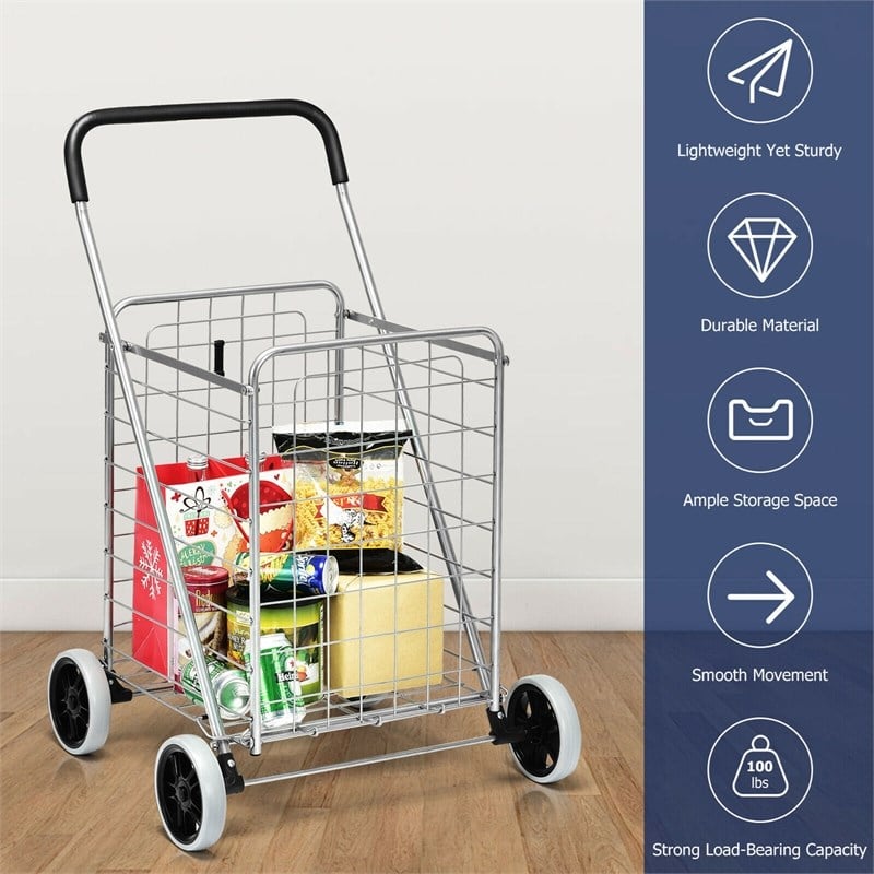 Folding Shopping Cart Utility Trolley Portable For Grocery Silver