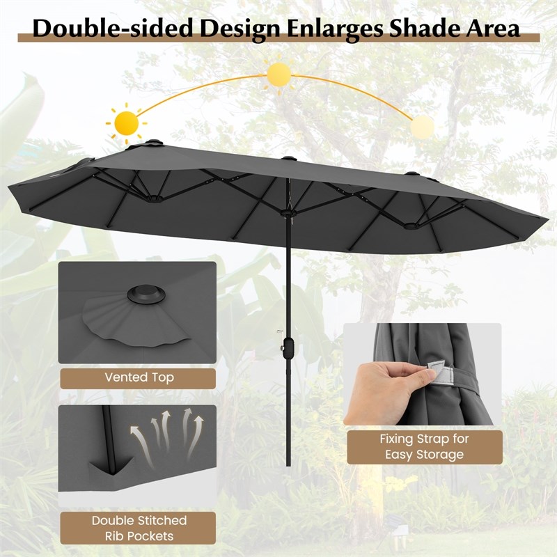 13FT Double sided Patio Umbrella w/Crank Handle Umbrella Base Gray