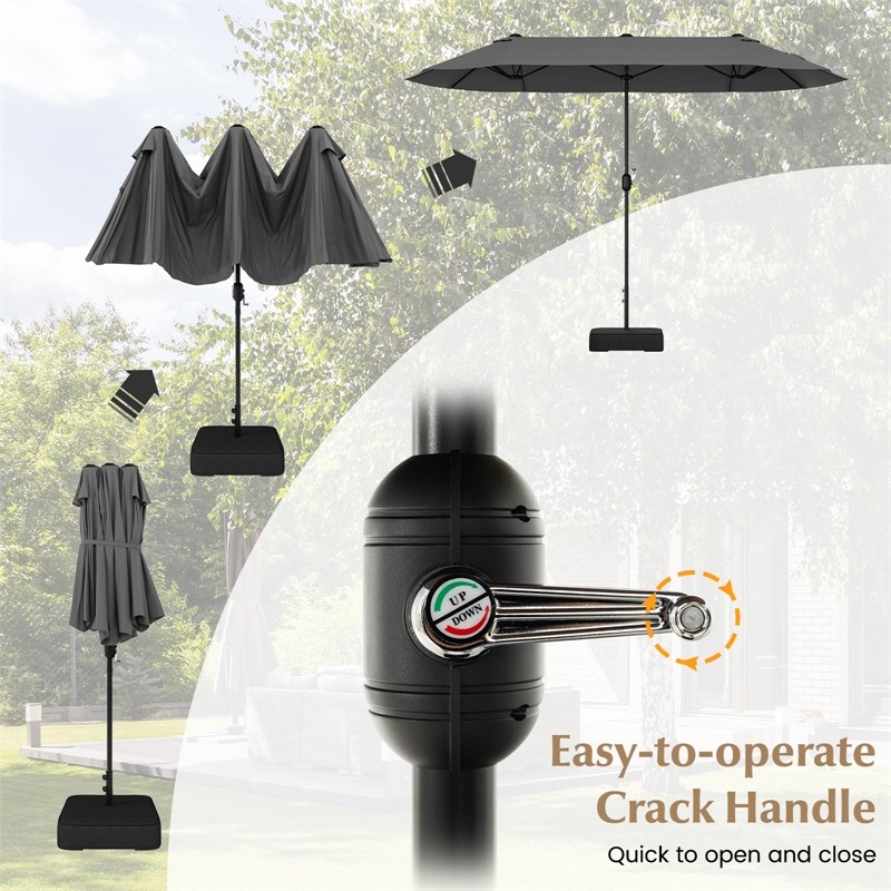 13FT Double sided Patio Umbrella w/Crank Handle Umbrella Base Gray
