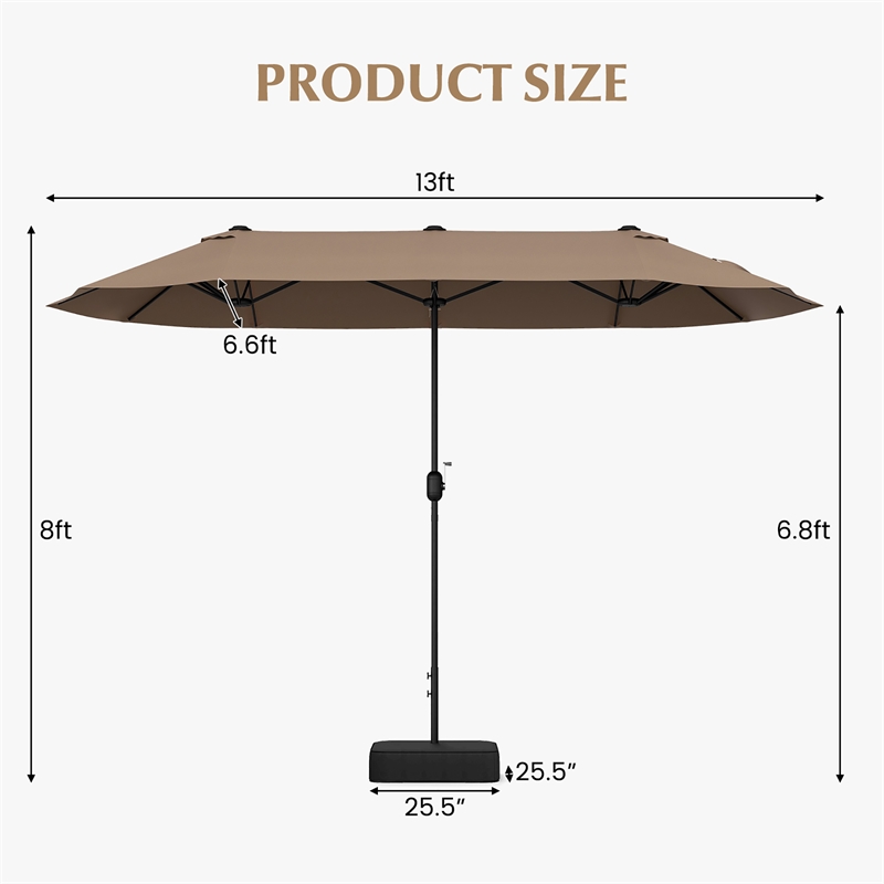 13FT Double sided Patio Umbrella w/Crank Handle Umbrella Base Tan