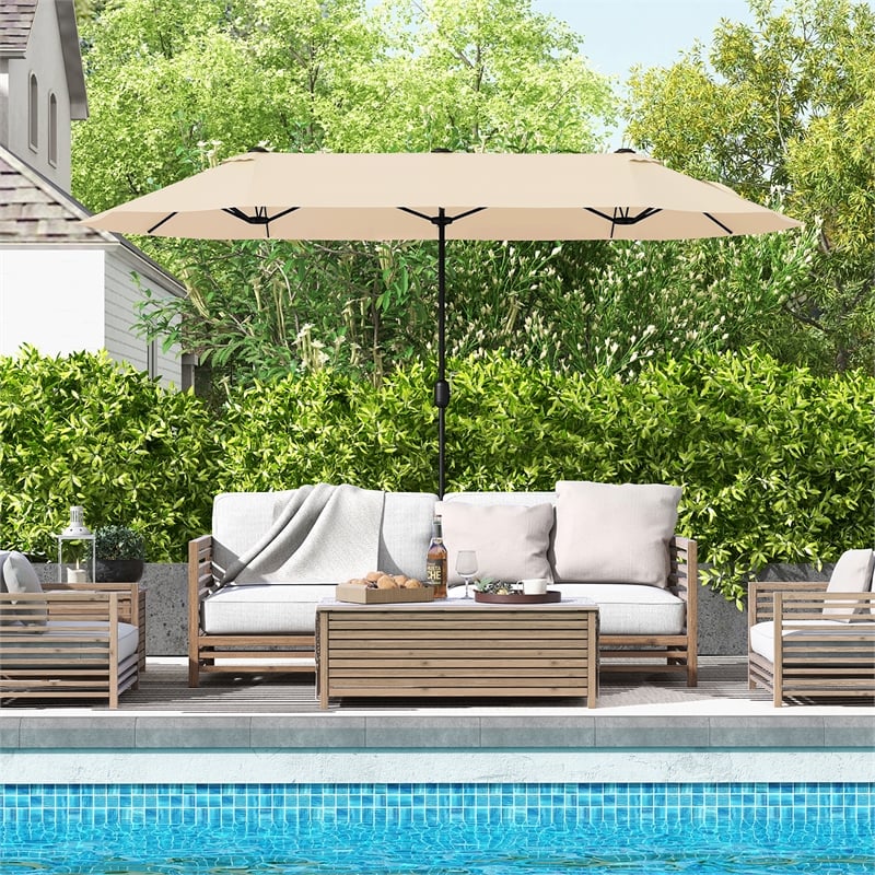 13FT Double sided Patio Umbrella w/Crank Handle Umbrella Base Beige