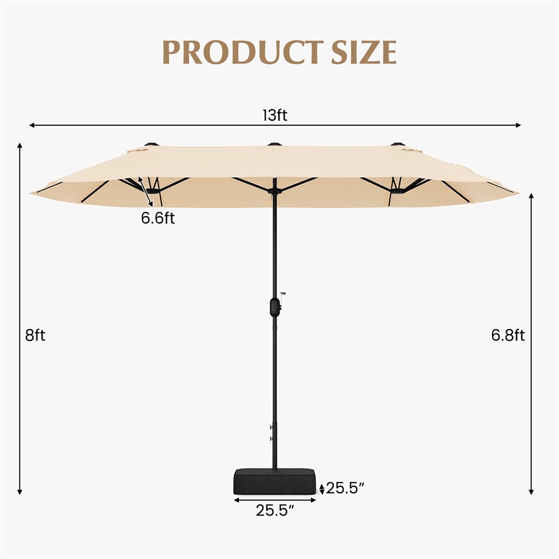 13FT Double sided Patio Umbrella w/Crank Handle Umbrella Base Beige