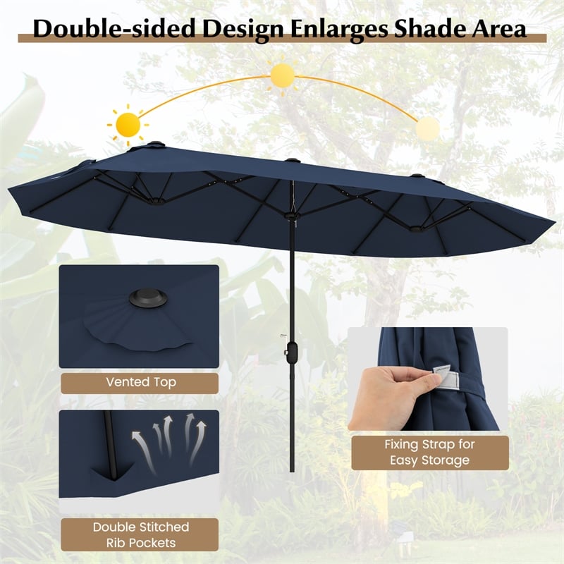 13FT Double sided Patio Umbrella w/Crank Handle Umbrella Base Navy