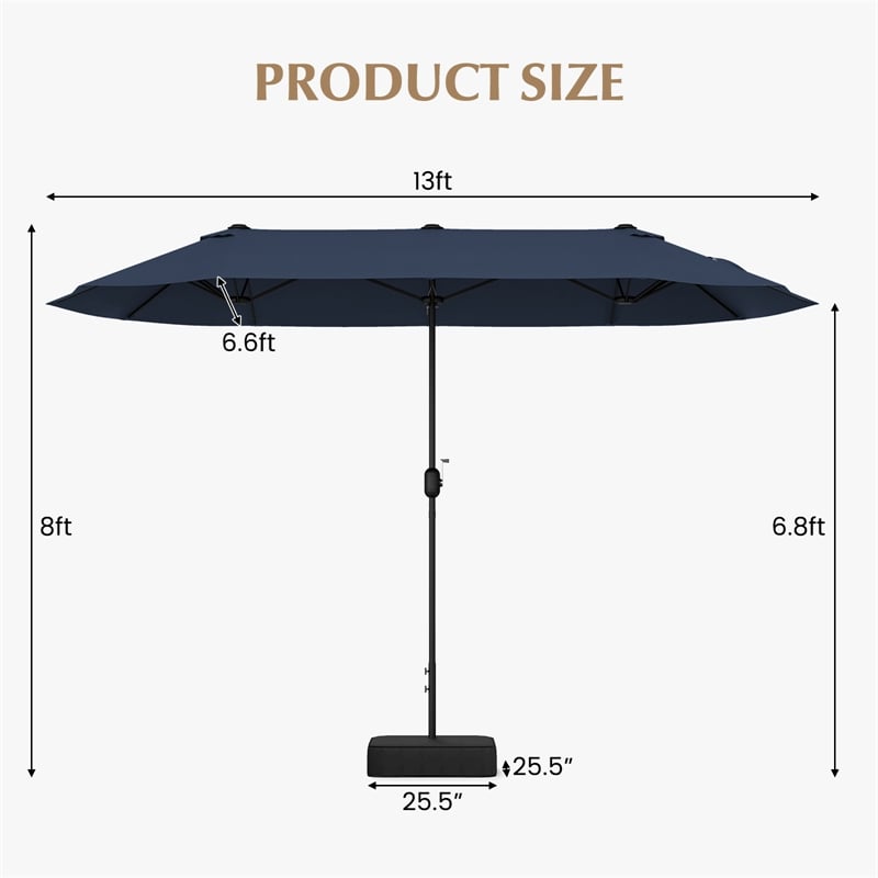 13FT Double sided Patio Umbrella w/Crank Handle Umbrella Base Navy