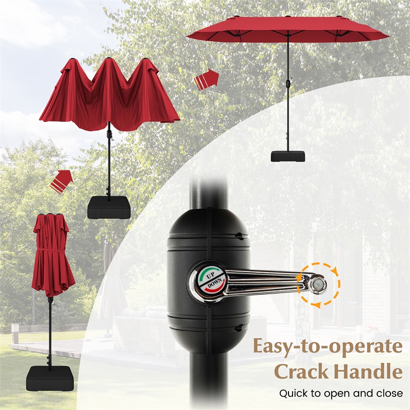 13FT Double sided Patio Umbrella w/Crank Handle Umbrella Base Wine