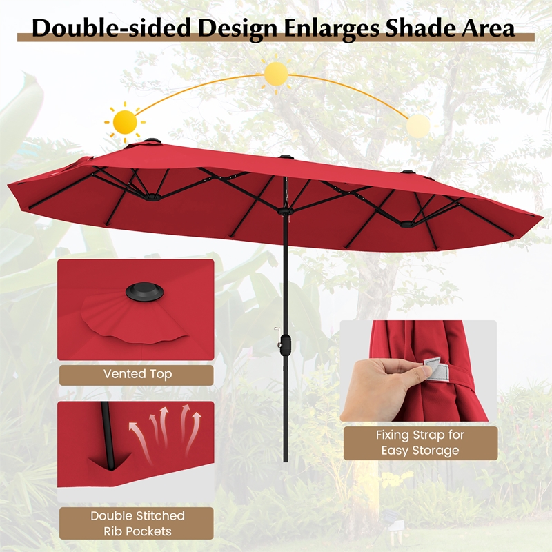 13FT Double sided Patio Umbrella w/Crank Handle Umbrella Base Wine