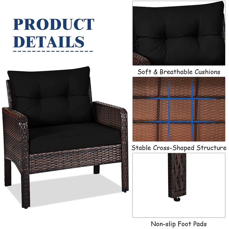 3PCS Outdoor Rattan Conversation Set Patio Garden Sofa Black