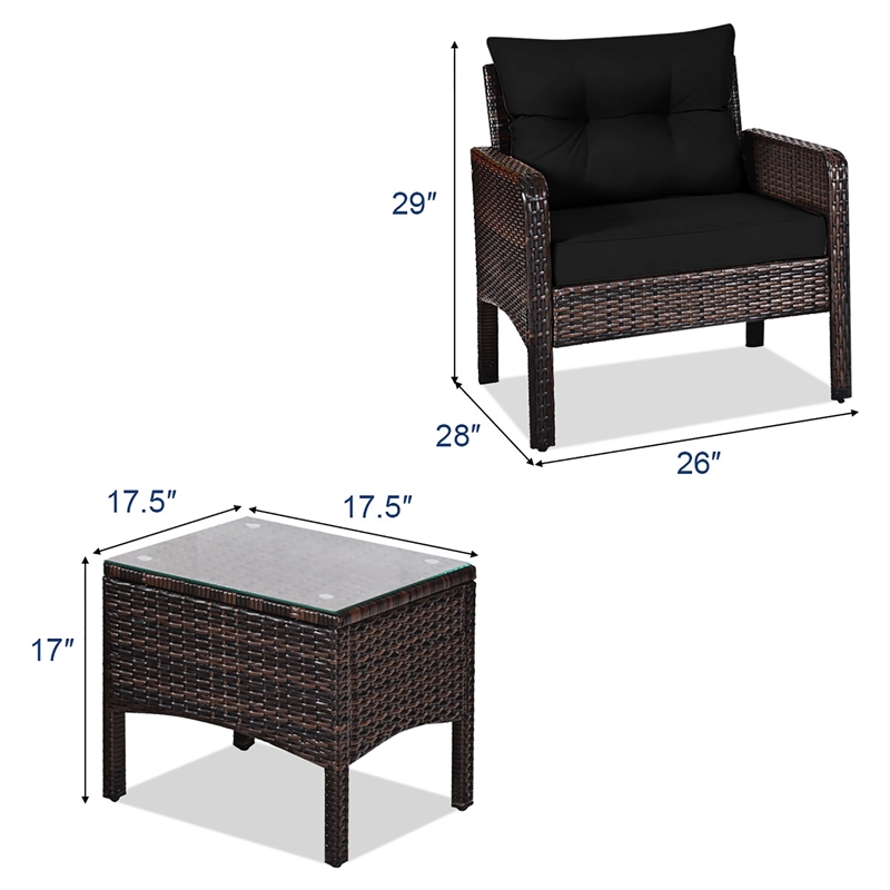 3PCS Outdoor Rattan Conversation Set Patio Garden Sofa Black