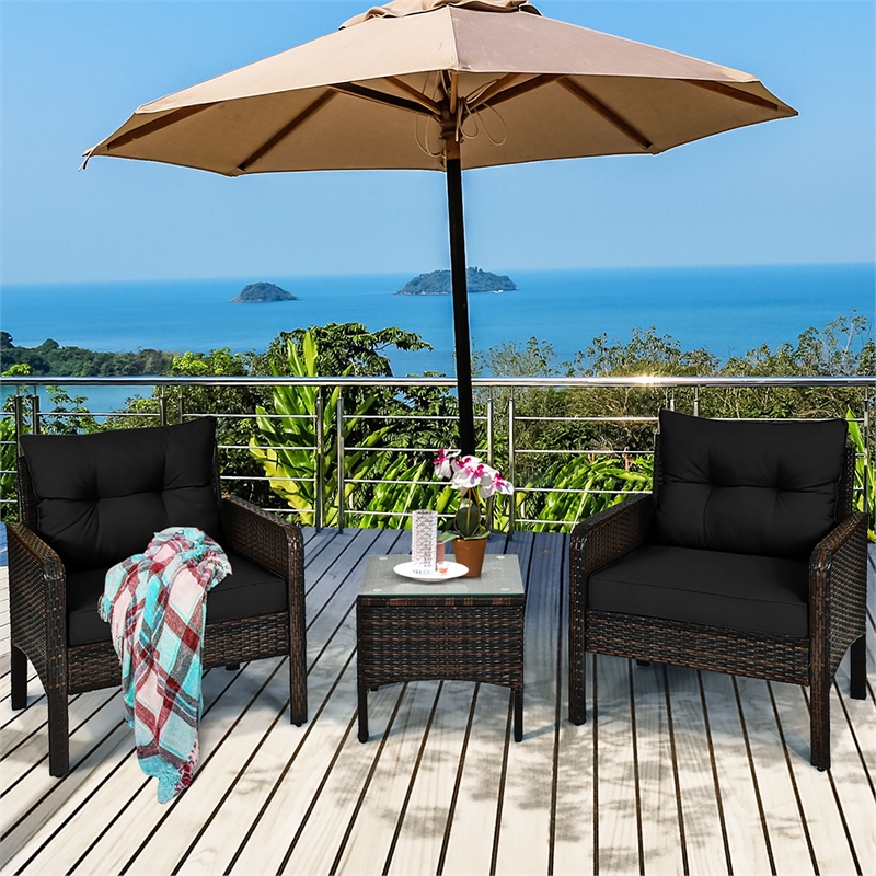 3PCS Outdoor Rattan Conversation Set Patio Garden Sofa Black