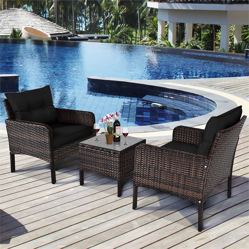 3PCS Outdoor Rattan Conversation Set Patio Garden Sofa Black