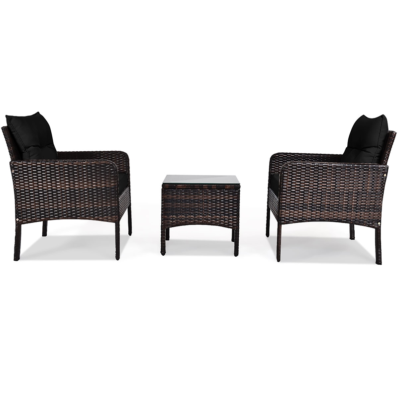 3PCS Outdoor Rattan Conversation Set Patio Garden Sofa Black