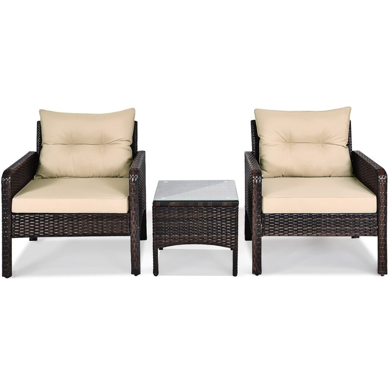 3PCS Outdoor Rattan Conversation Set Patio Garden Sofa Brown