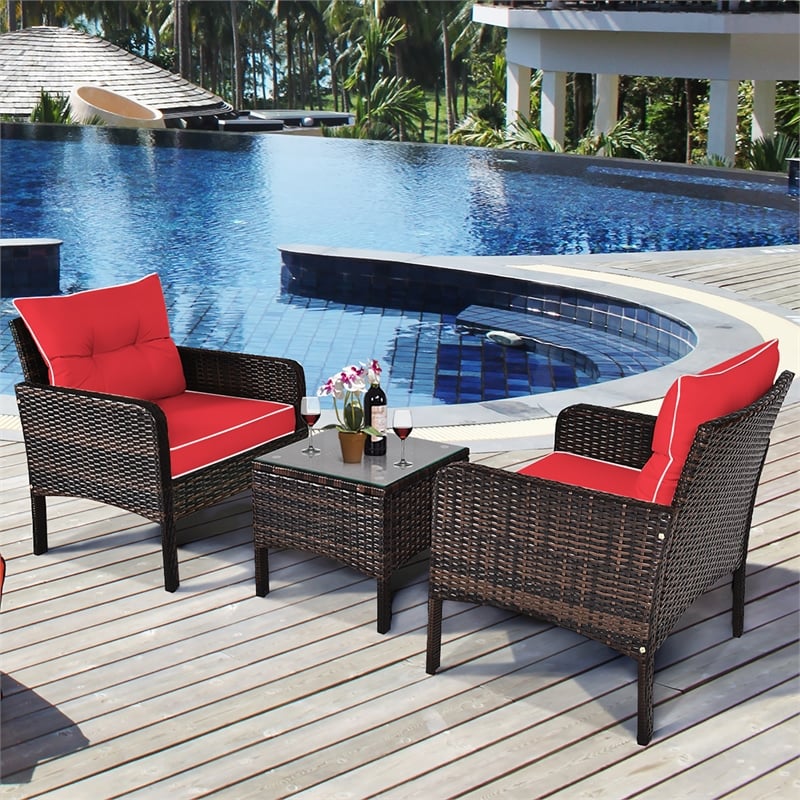 3PCS Outdoor Rattan Conversation Set Patio Garden Sofa Red